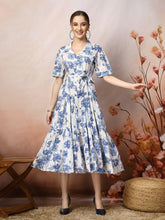 Women's Floral Printed Cotton Flared Dress-DRSBLUEKINNU